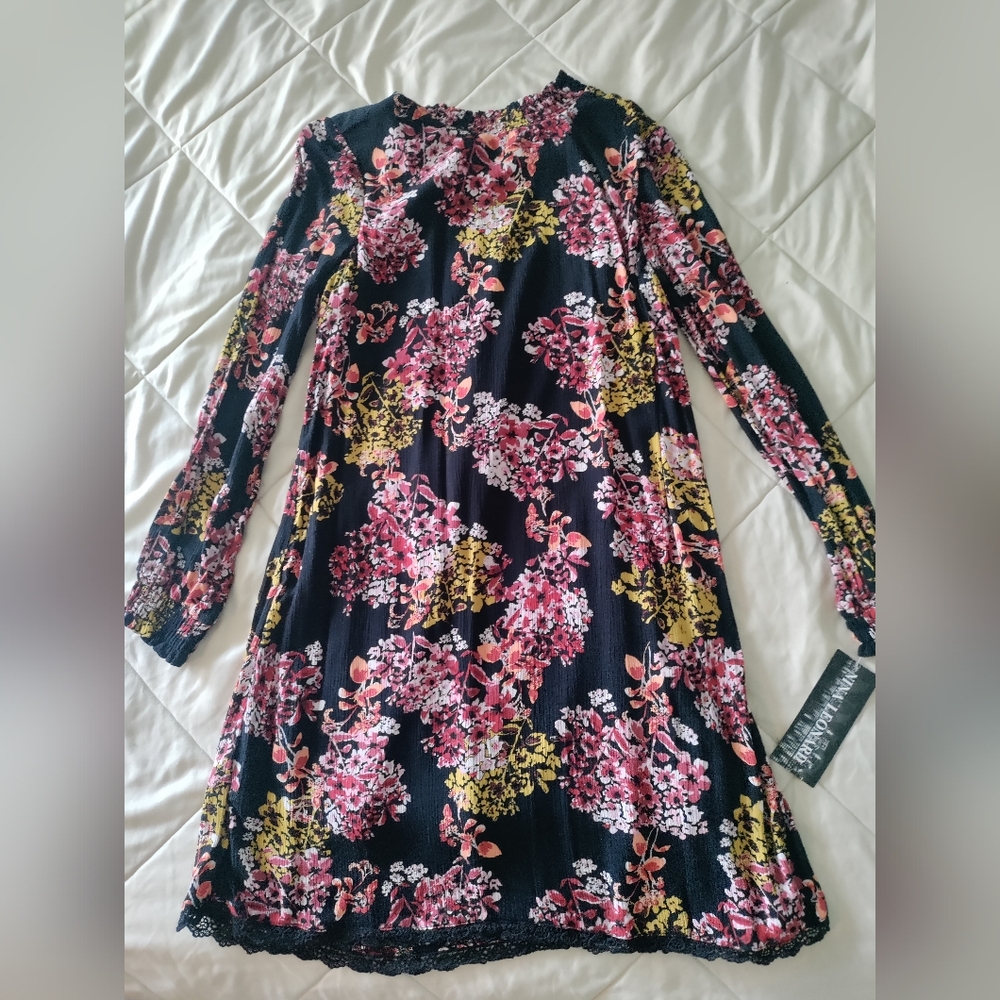 Nina Leonard Black Floral Long Sleeve Dress NWT